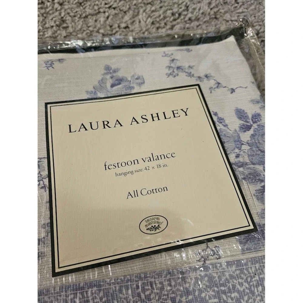 Laura Ashley Festoon Valance Blue Floral Toile Cotton 42x18 Set of 2 Cottagecore